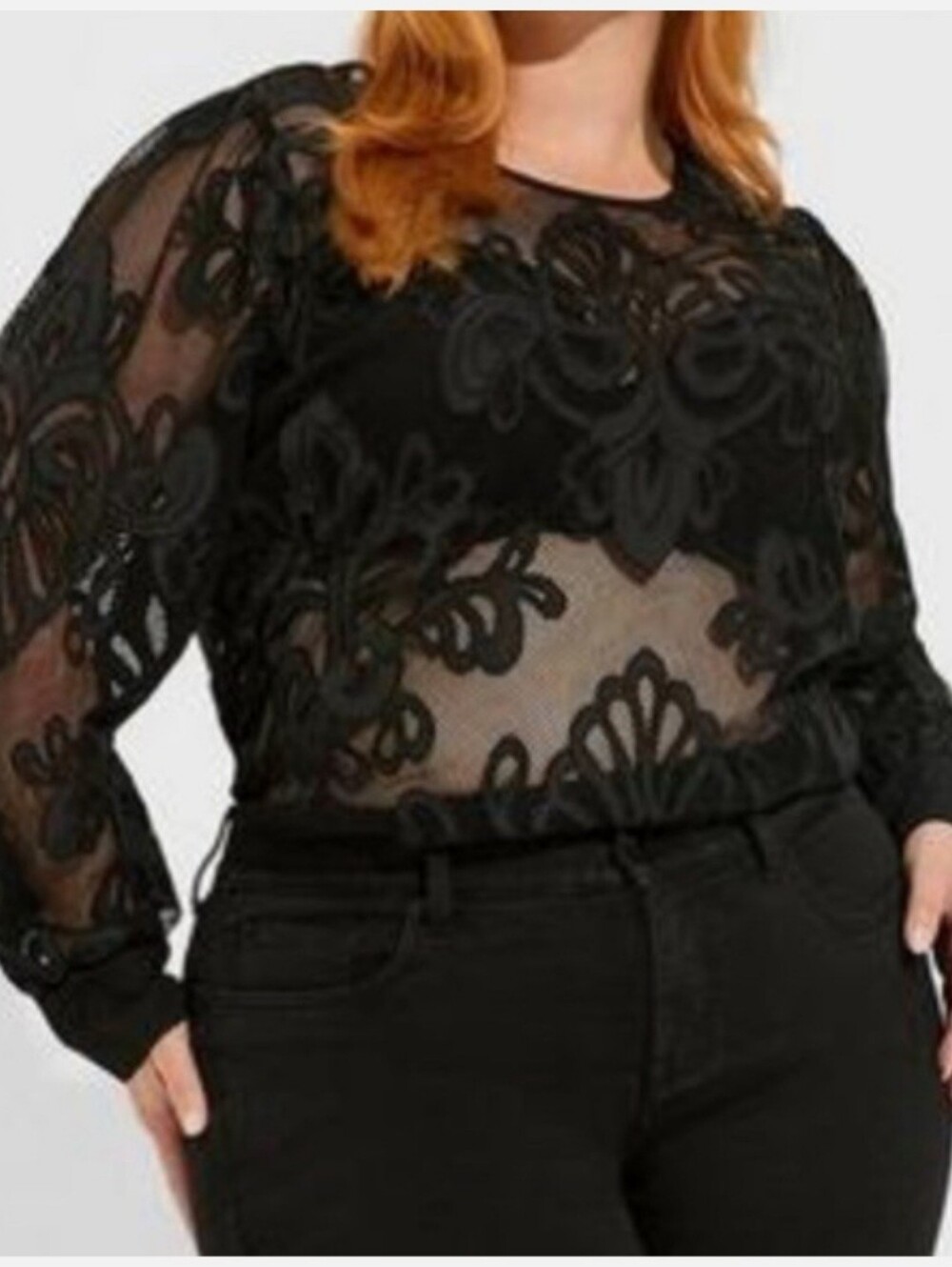 torrid mesh with embroidered long sleeve blouse deep black